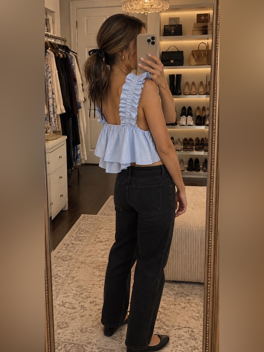 Zara Blue Ruffle Open Back Tie Waist Crop Top M